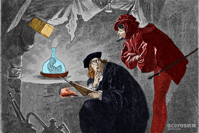 小瓶中的小人。约翰·沃尔夫冈·冯·歌德的插图,《浮士德》。第二部分,第二幕,实验室,1899年。