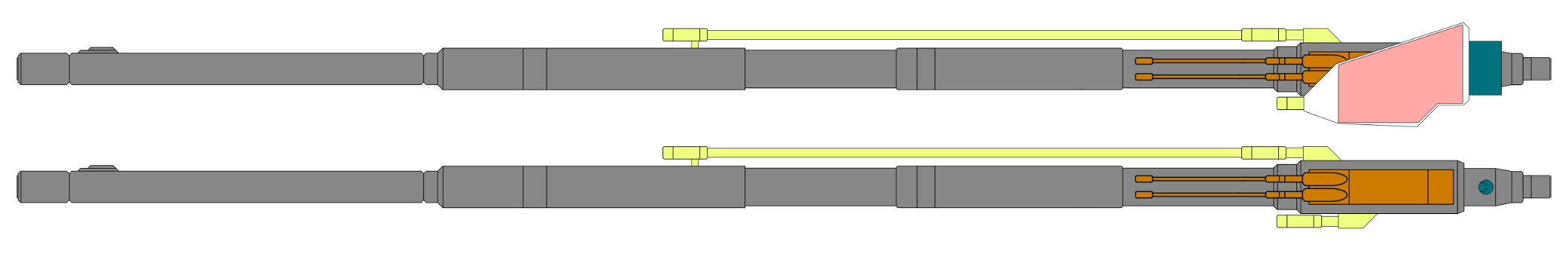 190mm磁力加速-粒子束动能两用炮，炮管后部为粒子存储舱，上方带炮盾，黄绿色为冷却液输送管，深绿色为炮管耳轴与高低机