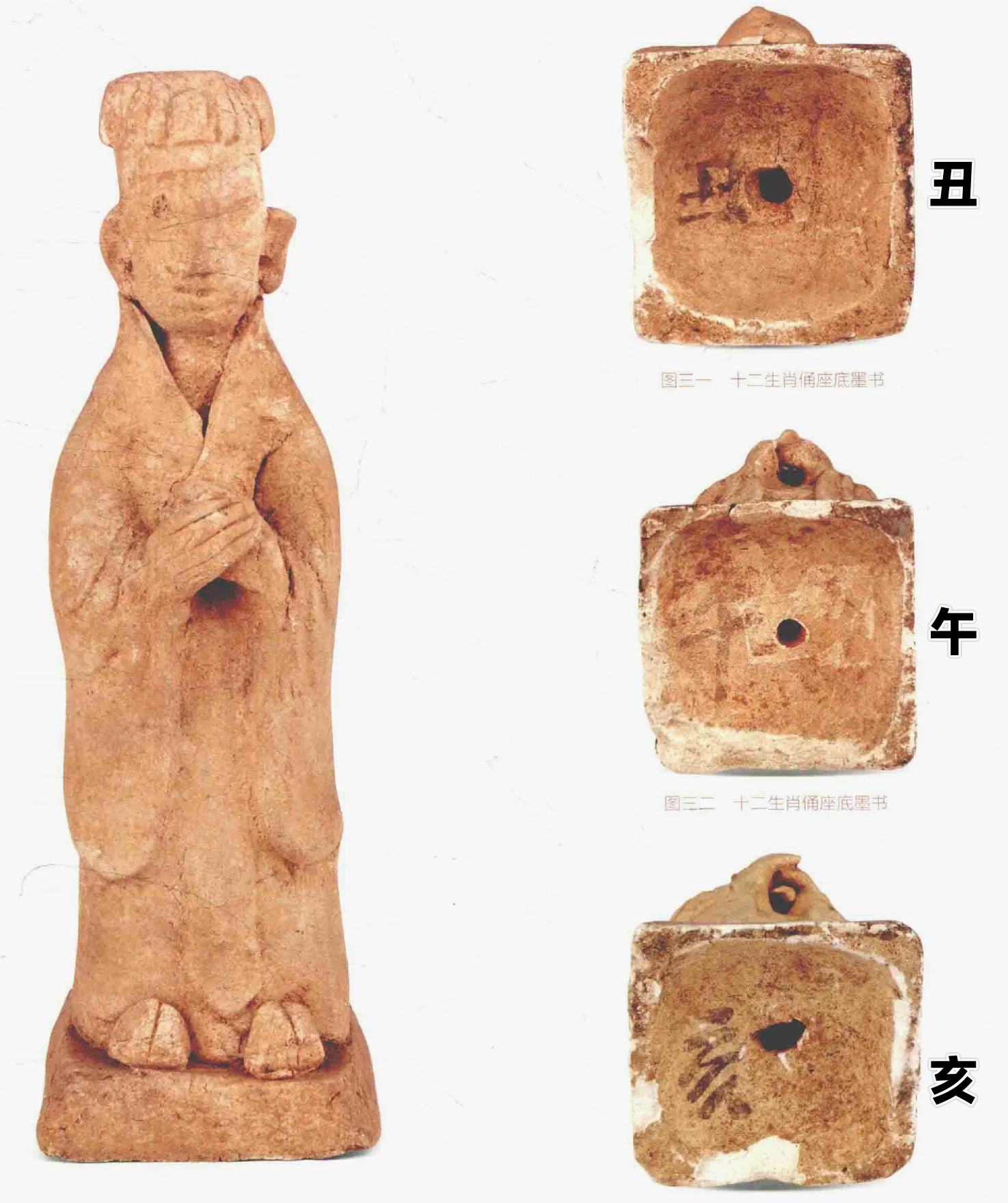 图5-12 江西抚州临川朱济南墓（1199 年）出土十二生肖俑及底部墨书 引自《江西宋代纪年墓与青白瓷》（2016）文物出版社