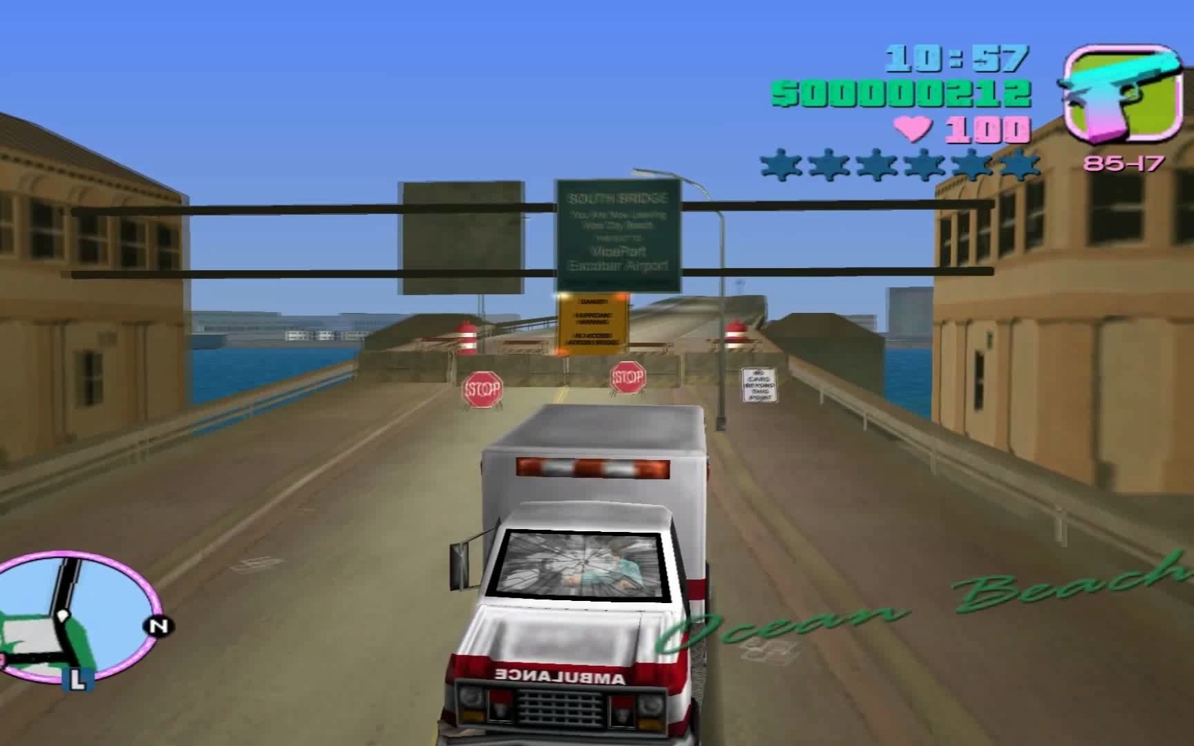 GTA罪恶都市中分割两边地图的数个桥上存在空气墙，配合主角溶于水的特性，限制了玩家的可达性