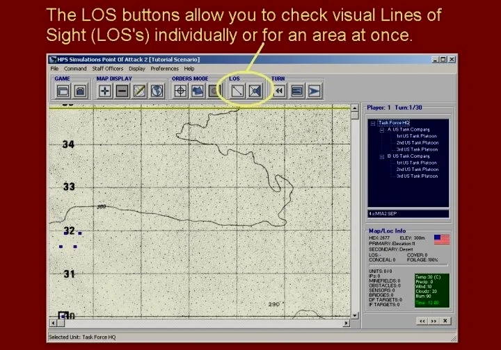 视野按钮（LOS）允许你检查点对点的虚拟视线通过情况或一片区域的视界范围。
