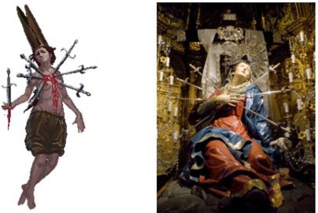 左：遊戲裡的七劍聖女 右：西班牙薩拉曼卡聖十字教堂的悲傷聖母