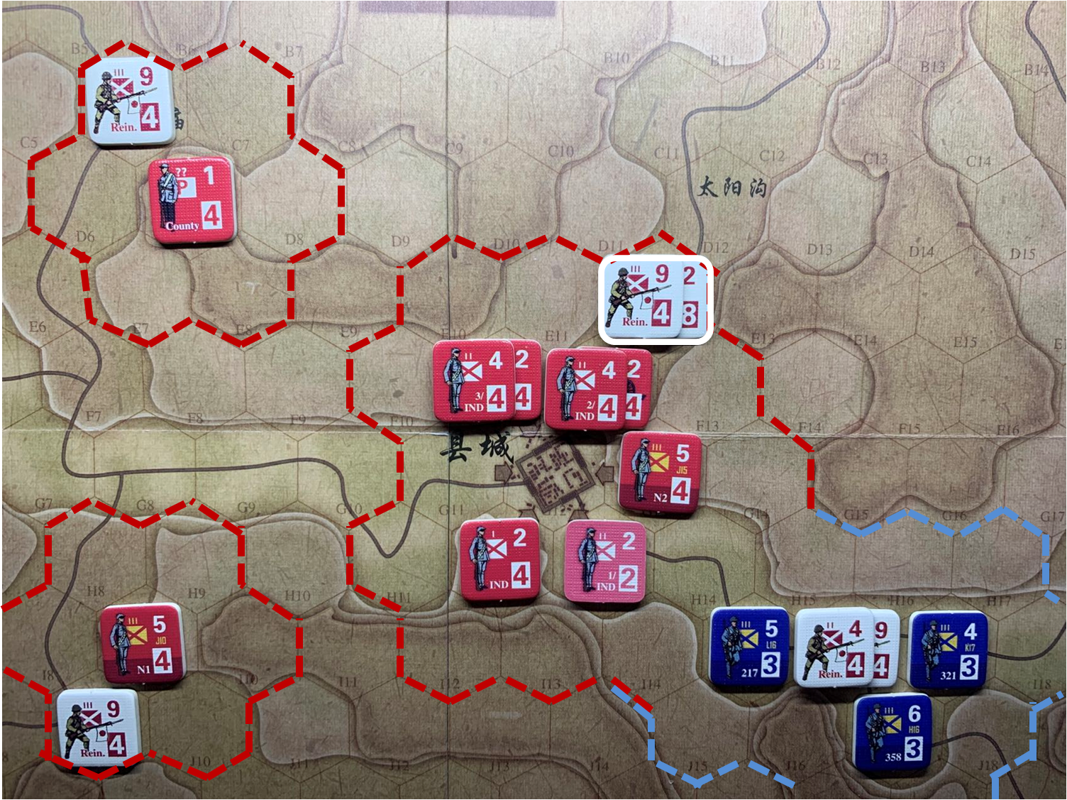 第四回合太陽溝附近（省城方向）日軍增援部隊（E12）對於移動命令2的執行結果，及所有中方部隊控制區覆蓋範圍