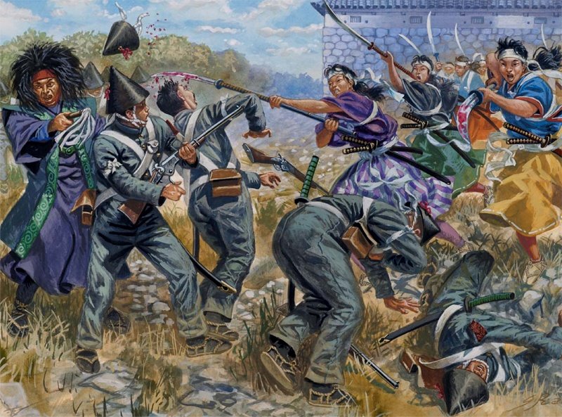 会津若松城围攻期间，由中野竹子带领的女武士正在和帝国步兵展开肉搏战