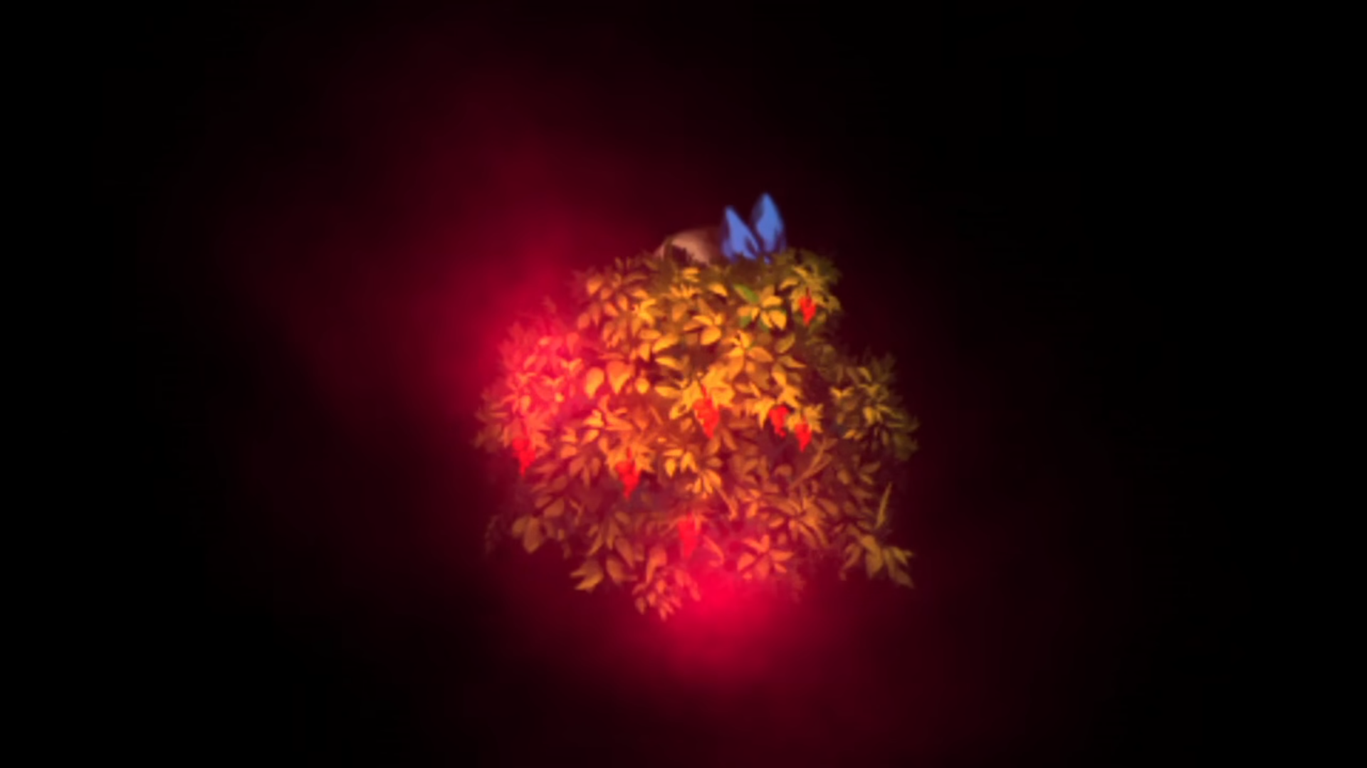 《深夜廻》遊戲截圖畫面，藍色蝴蝶結就是躲在草叢中的玩家的頭飾，紅色霧氣是鬼怪的大概方位