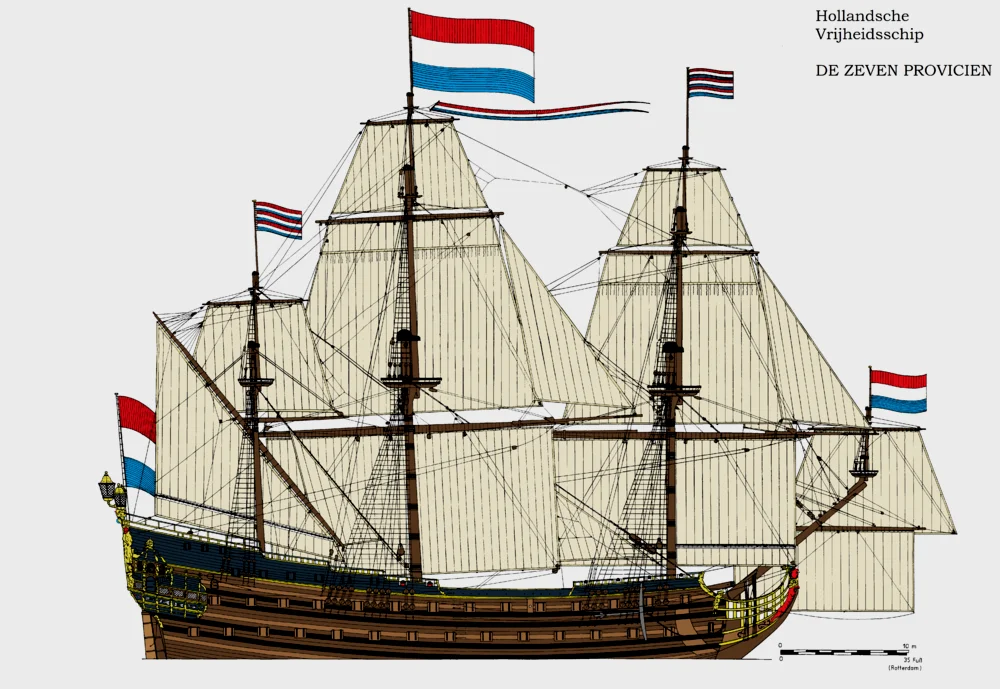 七省号，装备80门炮，二级战舰水平，德鲁伊特在第二次英荷战争中的旗舰
