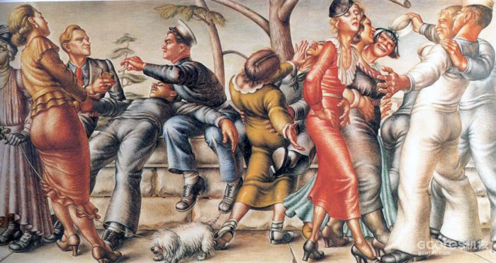 Paul Cadmus“The Fleet's In!”，1934年被定为淫秽和对美国海军不敬，而被迫从可可兰艺术画廊里摘除。