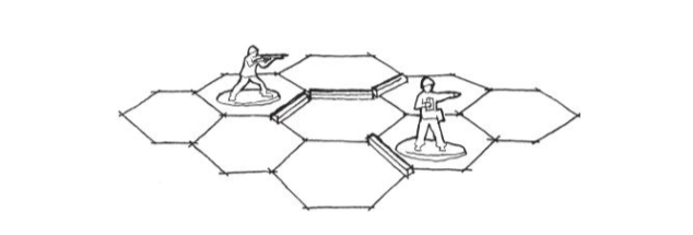 图2.44：一种利用六边形网格和玩具士兵的第一人称射击游戏的非数字原型。设计师在棋盘上放置小木棍来定义墙壁。小木棍是简单原型的理想选择，因为它们可以轻松地被拾起并移动，以尝试不同的空间表达。