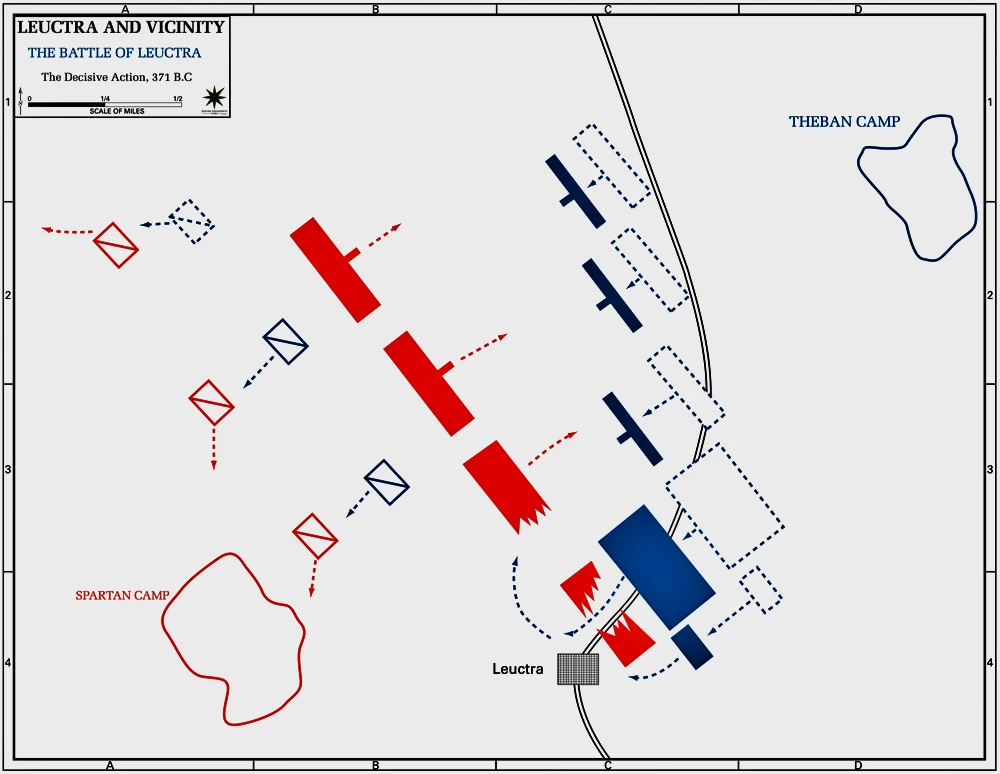 留克特拉之战时的布阵，红色为斯巴达，蓝色为底比斯