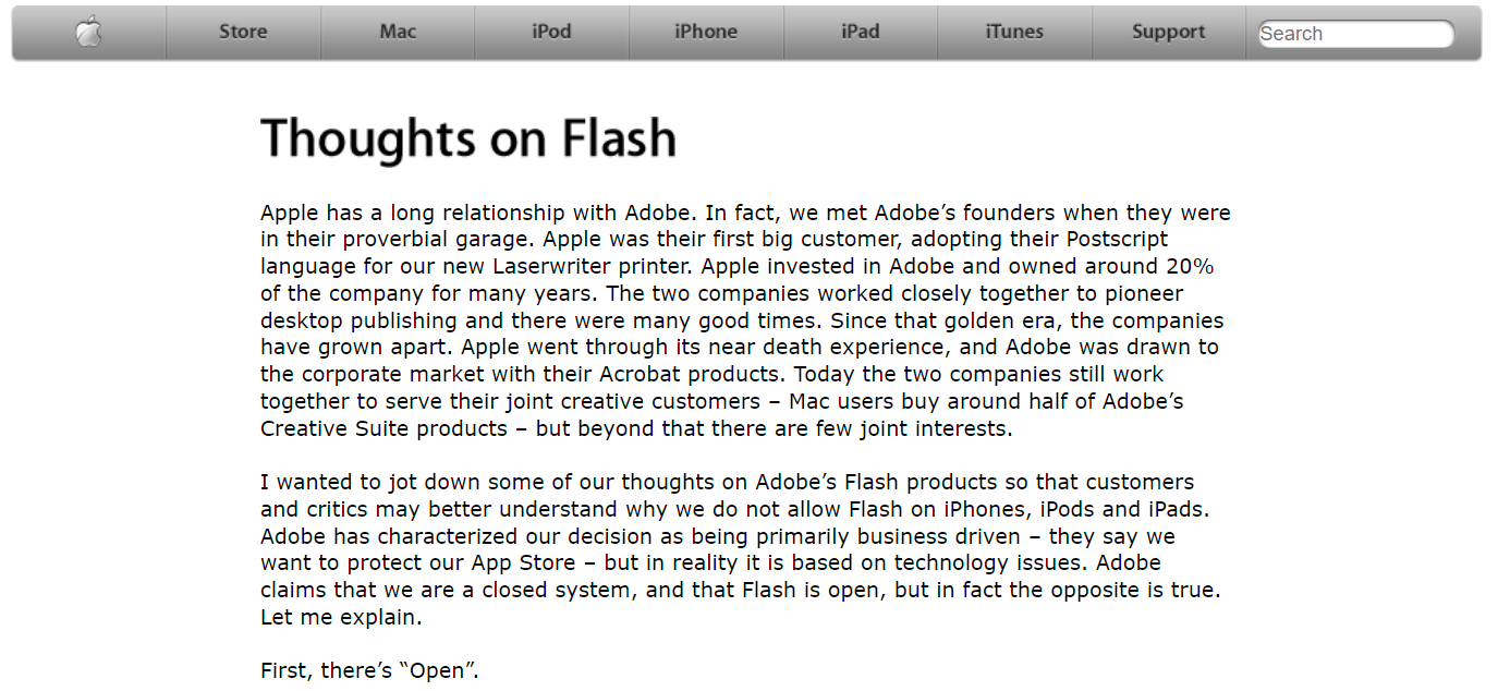 2010年，乔布斯公开发表《关于Flash的几点思考》的原文