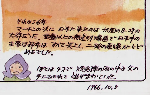 宫崎骏在插画《宫崎骏杂想笔记》中对40年前的东京大轰炸的盟军B-29和燃烧弹记忆犹新，宫崎骏也戴着防轰炸头巾。