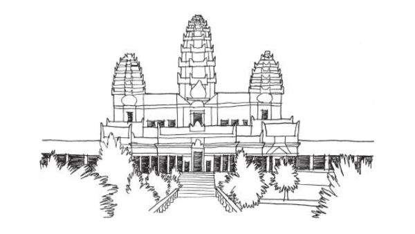 图1.16：Angkor Wat（建于公元1120年的柬埔寨）利用建筑形状来表现印度教神学中的圣地。