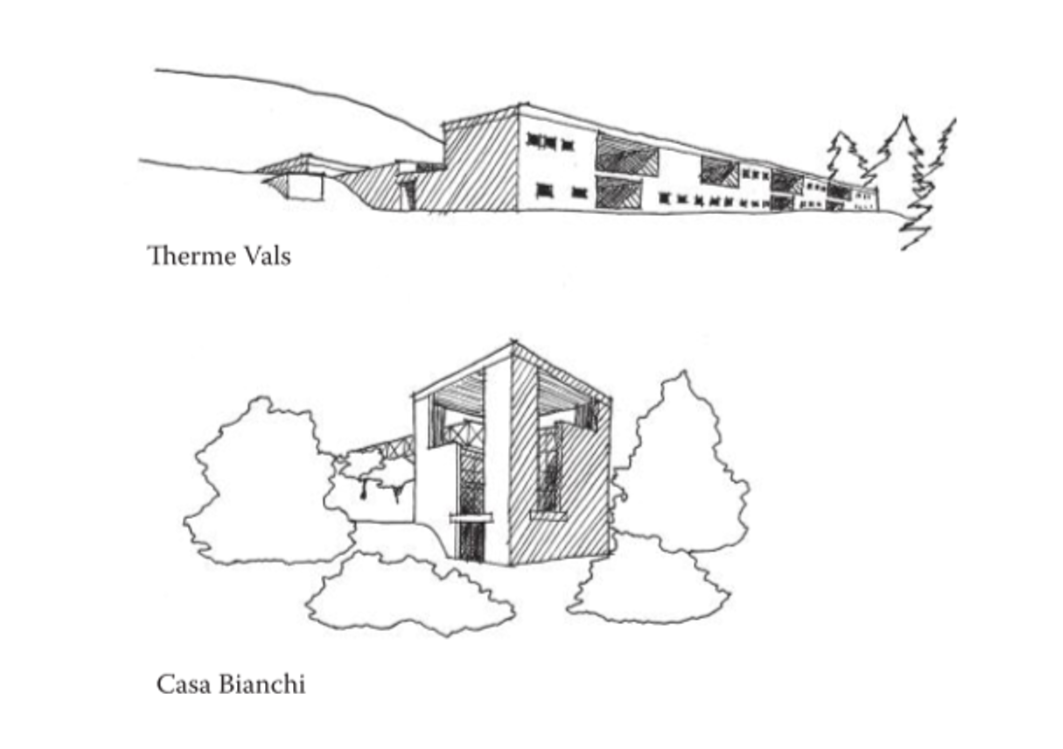 图3.8:彼得-祖姆索尔（Peter Zumthor）的 Therme Vals 和马里奥-博塔（Mario Botta）的 Casa Bianchi 的草图展示了如何利用实虚关系来界定空间。