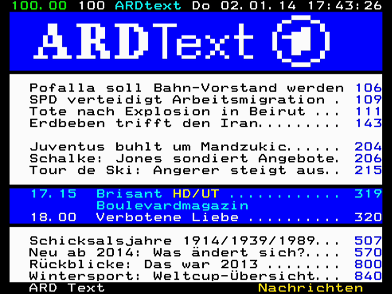 德國公共廣播聯盟（ARD）的圖文電視畫面