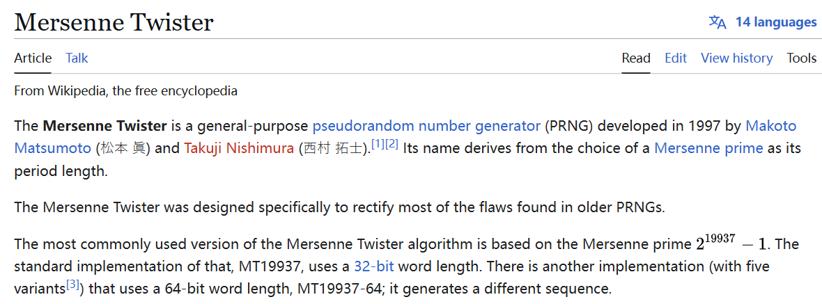 Wiki百科上对Mersenne Twister算法的介绍