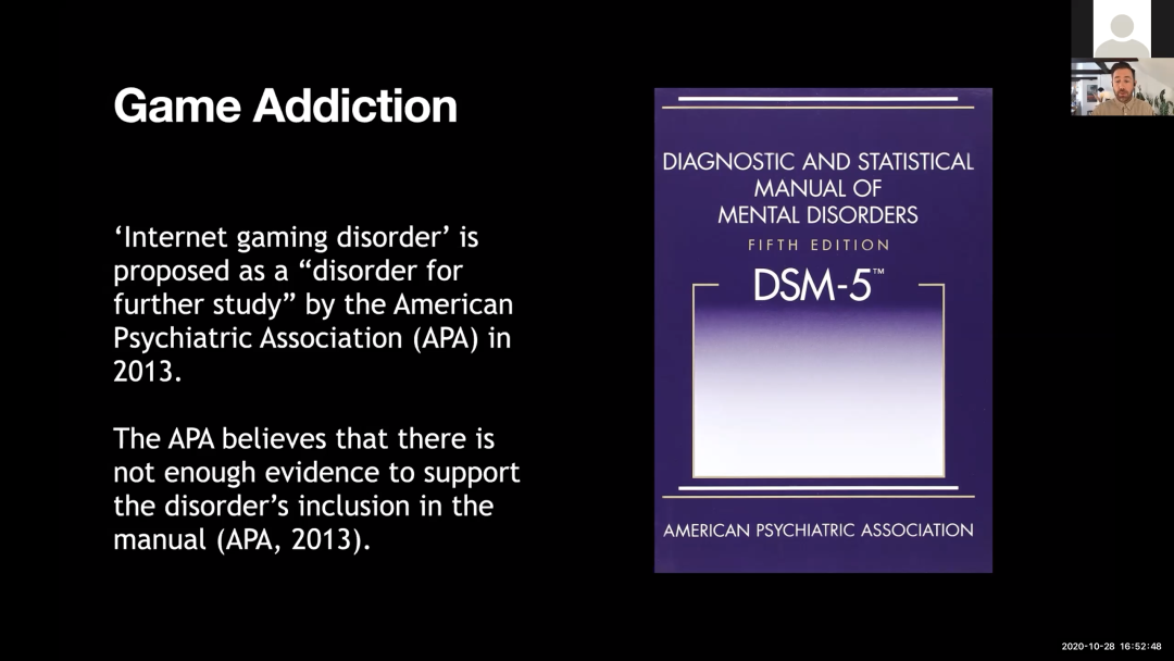 游戏成瘾  美国心理学会（APA）2013年提出将“网游症”列为“有待进一步研究的病症”  APA认为还没有足够的依据把网游症纳入其诊断手册