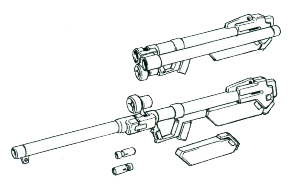 武器舱中还会收纳核心MS使用的光束步枪与无后坐力炮。标准配置下，会在每一侧武器柜中各收纳一门专用的可折叠式无后坐力炮。
