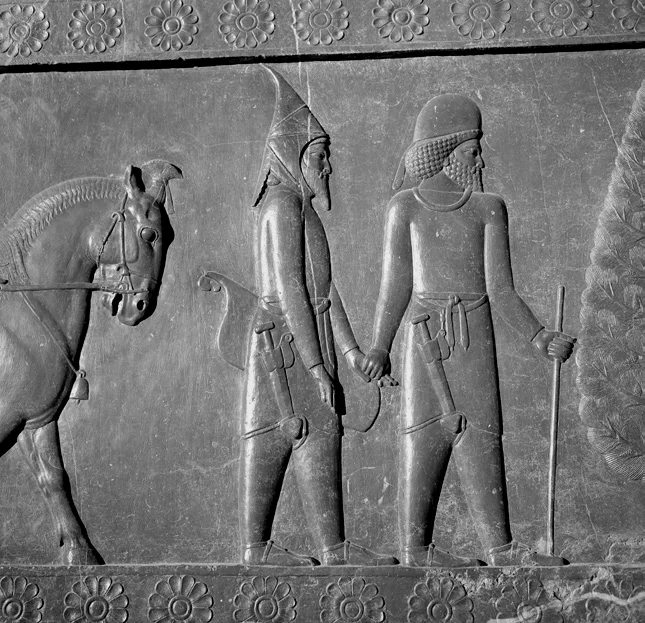 波斯波利斯的浮雕，一个米底人步兵（前）陪伴一个斯基泰弓兵（后）。作为游牧人的斯基泰弓兵具有非常高超的射击技术，根据记载比希腊世界最好的弓兵——克里特弓兵还要强一些