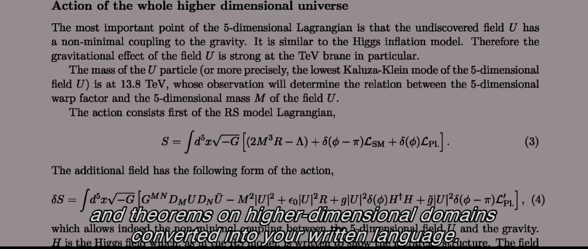 电影中的论文。第(3)式给出的作用量上面写着R.S. model，式子中积分是一个五维时空的积分，中括号里的第一个圆括号里是描述引力和宇宙学常数的部分，而第二项有一个delta函数，它是用来将标准模型也就是我们生活中的物理局域化在距离原点pi的位置，这就是TeV膜的位置。而最后一项则是局域化在原点的普朗克膜上的物理。
