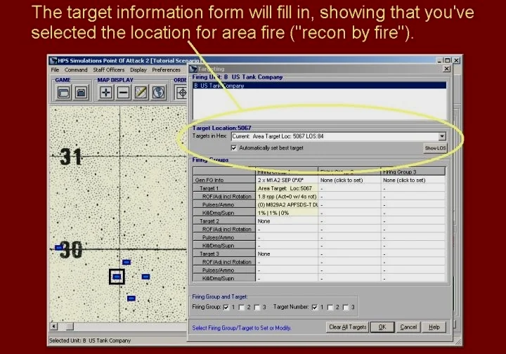 目标信息栏将会出现信息，显示你已经选择了地点进行面积目标射击（火力侦察）。