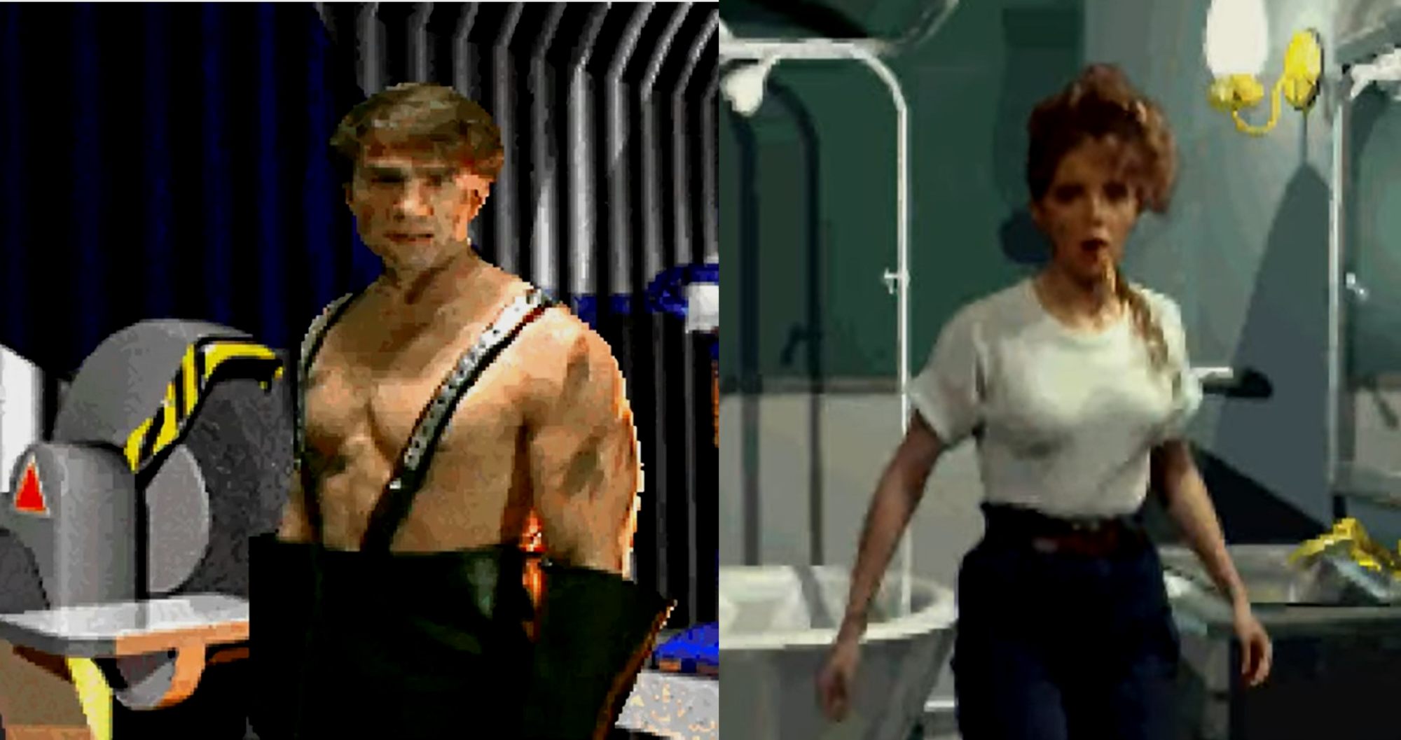 《Return to Zork》，我知道你们在想什么，但左边是个BlackSmith还会帮你打一把大宝剑；右边的妹子叫Rebecca，在浴室刷牙时被误入的主角撞见，下一秒就一拳让主角就地昏迷