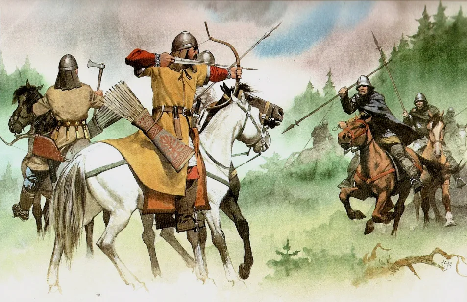 入侵巴伐利亚的阿瓦尔弓骑兵正在和法兰克骑士战斗，最后也正是法兰克的骑兵终结了阿瓦尔汗国的统治