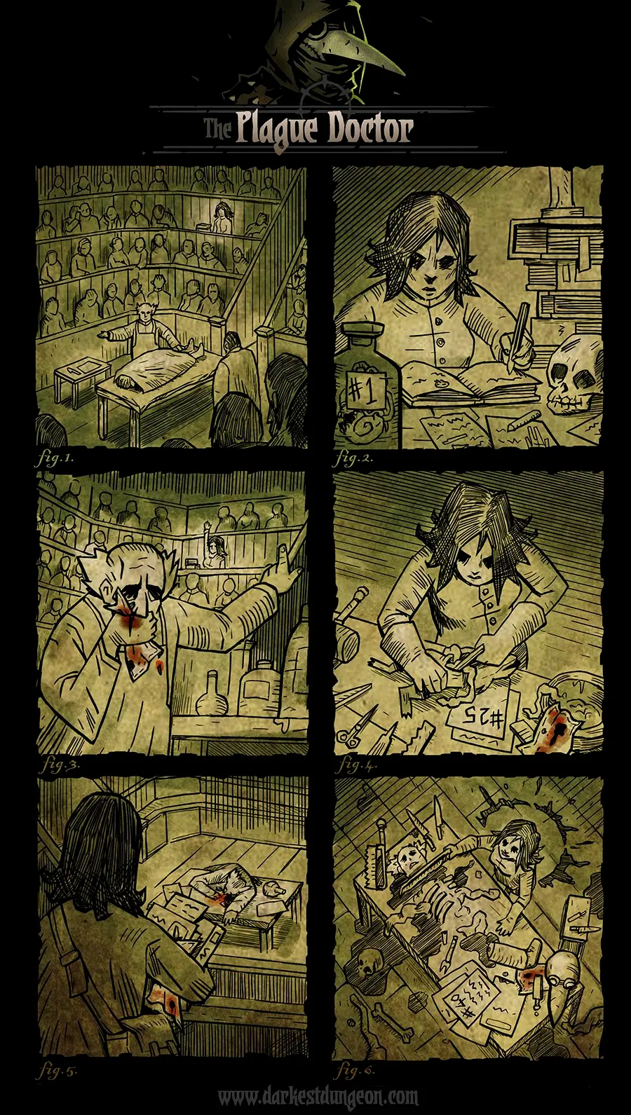 瘟疫医生背景漫画。她和维斯塔贞女分别代表科学和宗教，巧的是在猩红王庭中她们是唯一两个拥有三件角色道具的