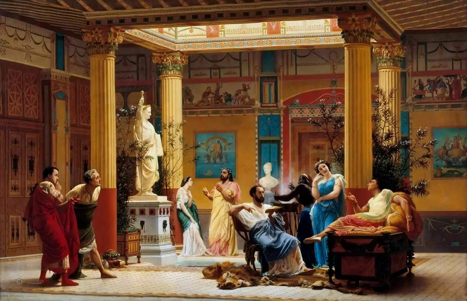 这幅布面油画创作于 1861 年，描绘了拿破仑三世的堂兄拿破仑王子建造的一座宫殿中的排练场景。这座宫殿位于巴黎蒙田大道，设计模仿古罗马风格，设有中庭和浅水池。
