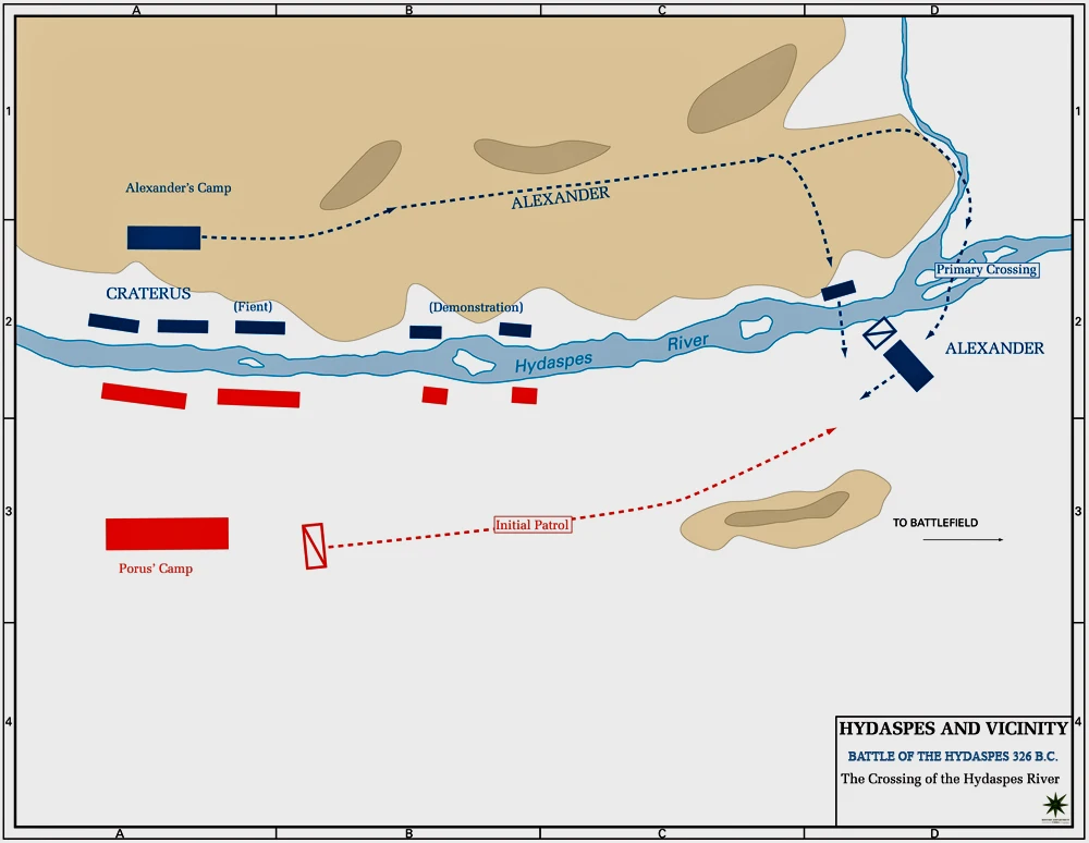 海达斯佩斯河之战第一阶段：亚历山大的渡河计划