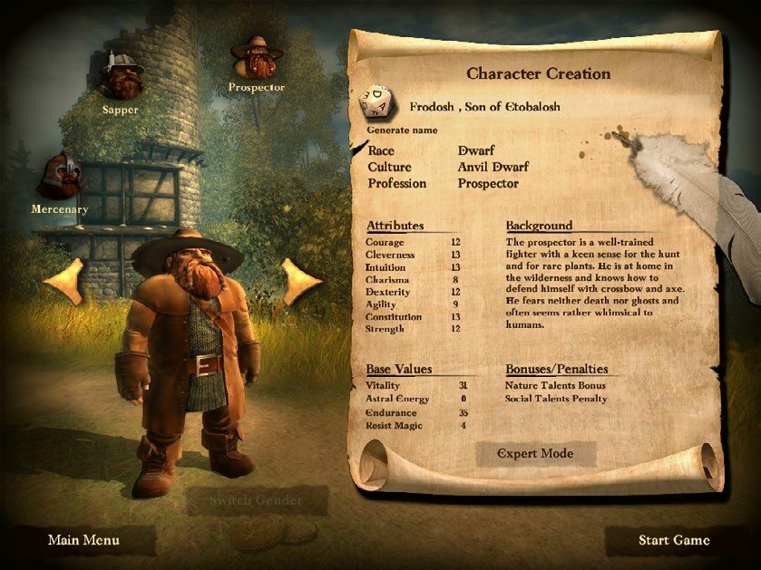 遊戲開始時，你可以從 20 個原型角色中選擇，例如人類戰鬥法師（Human Battlemage）或矮人勘探者（Dwarf Prospector）；你也可以選擇“專家模式”（Expert Mode）然後按照《黑暗之眼》規則來定製角色。