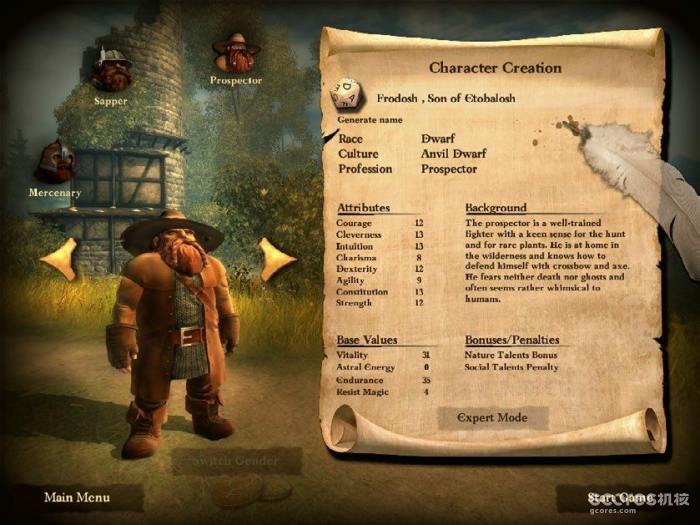 游戏开始时，你可以从 20 个原型角色中选择，例如人类战斗法师（Human Battlemage）或矮人勘探者（Dwarf Prospector）；你也可以选择“专家模式”（Expert Mode）然后按照《黑暗之眼》规则来定制角色。