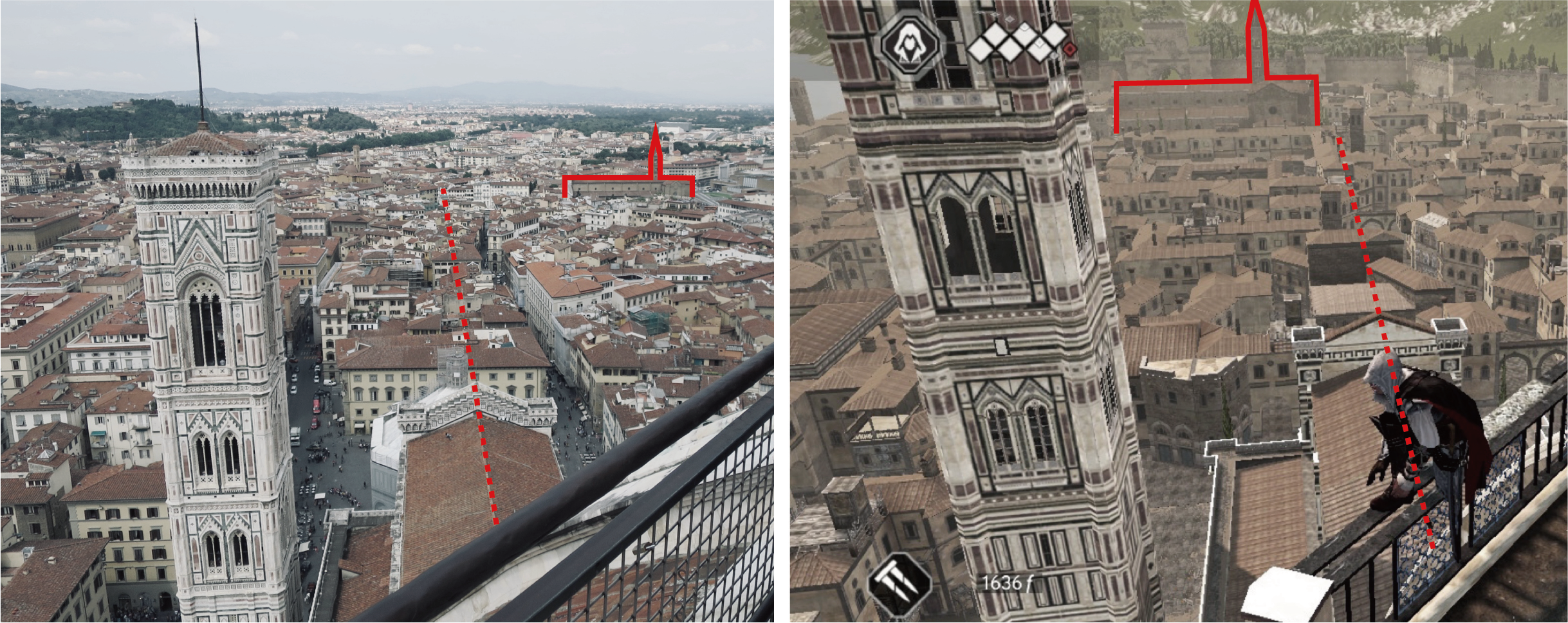 聖母百花大教堂與新聖母教堂的相對位置  佛羅倫薩實景（左）刺客教條遊戲截圖（右）
