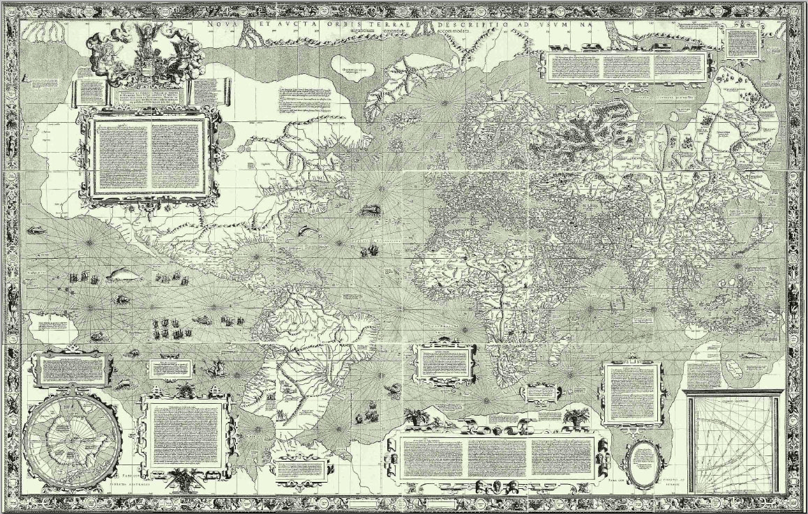  墨卡托1569年世界地图（Nova et Aucta Orbis Terrae Descriptio ad Usum Navigantium Emendate Accommodata），显示纬度为南纬66°至北纬80°