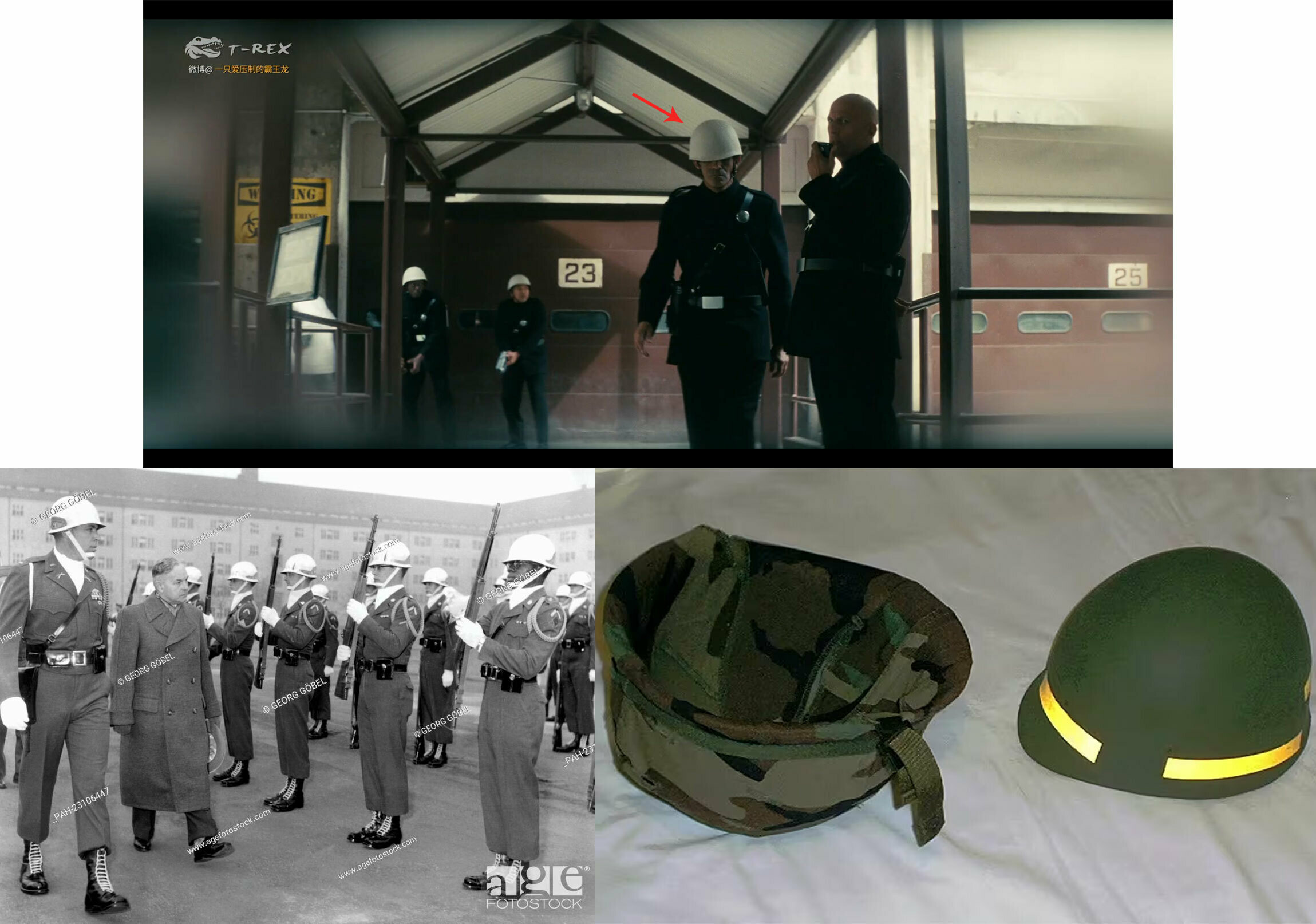 左下：1954年德国巴伐利亚州长在慕尼黑检阅美军仪仗队；右下：M1钢盔的外盔和内盔