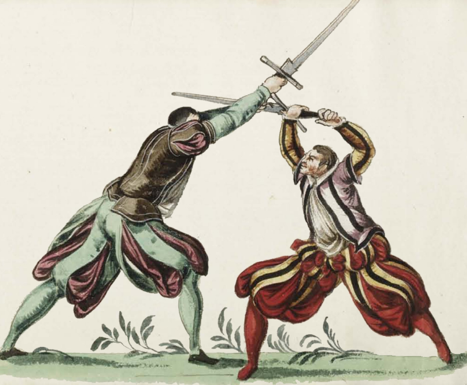 右侧红色裤子的剑士通过交击在封阻对方斩击线路的同时，命中了对手的前臂