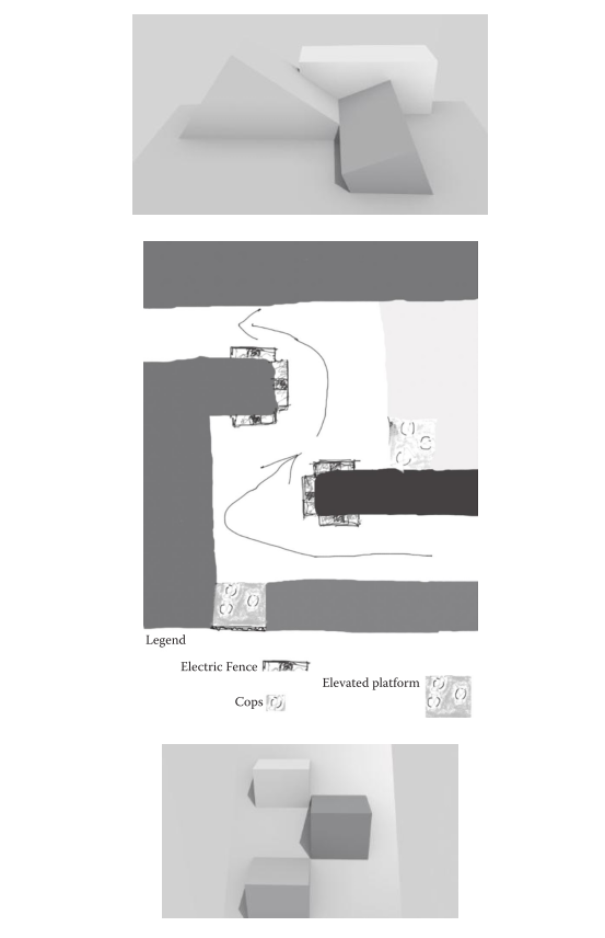 图2.42：《SWARM》的正式设计主旨展示了不同空间方向的可视化，如山坡、倾斜的岩壁等。