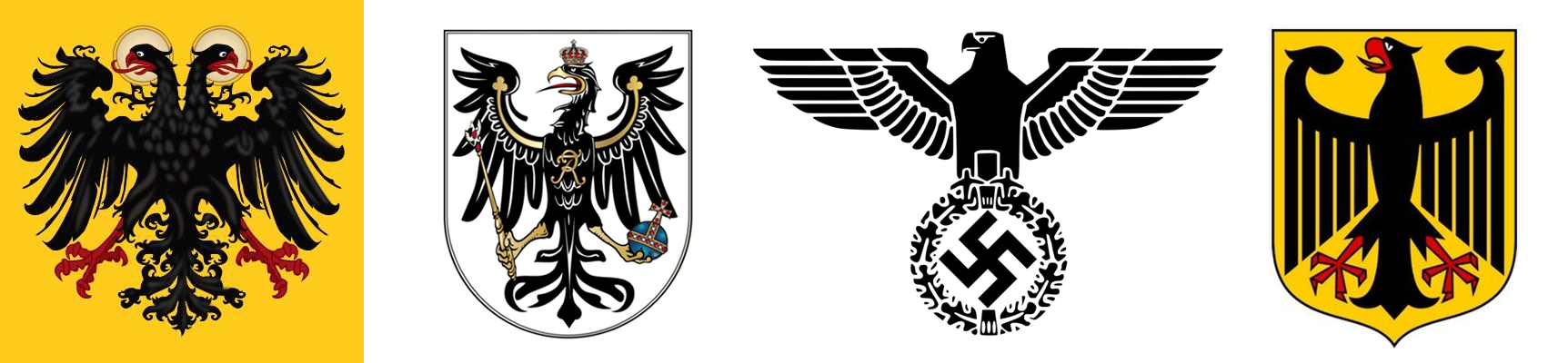 從左到右：神聖羅馬帝國、普魯士王國、第三帝國、現代聯邦德國