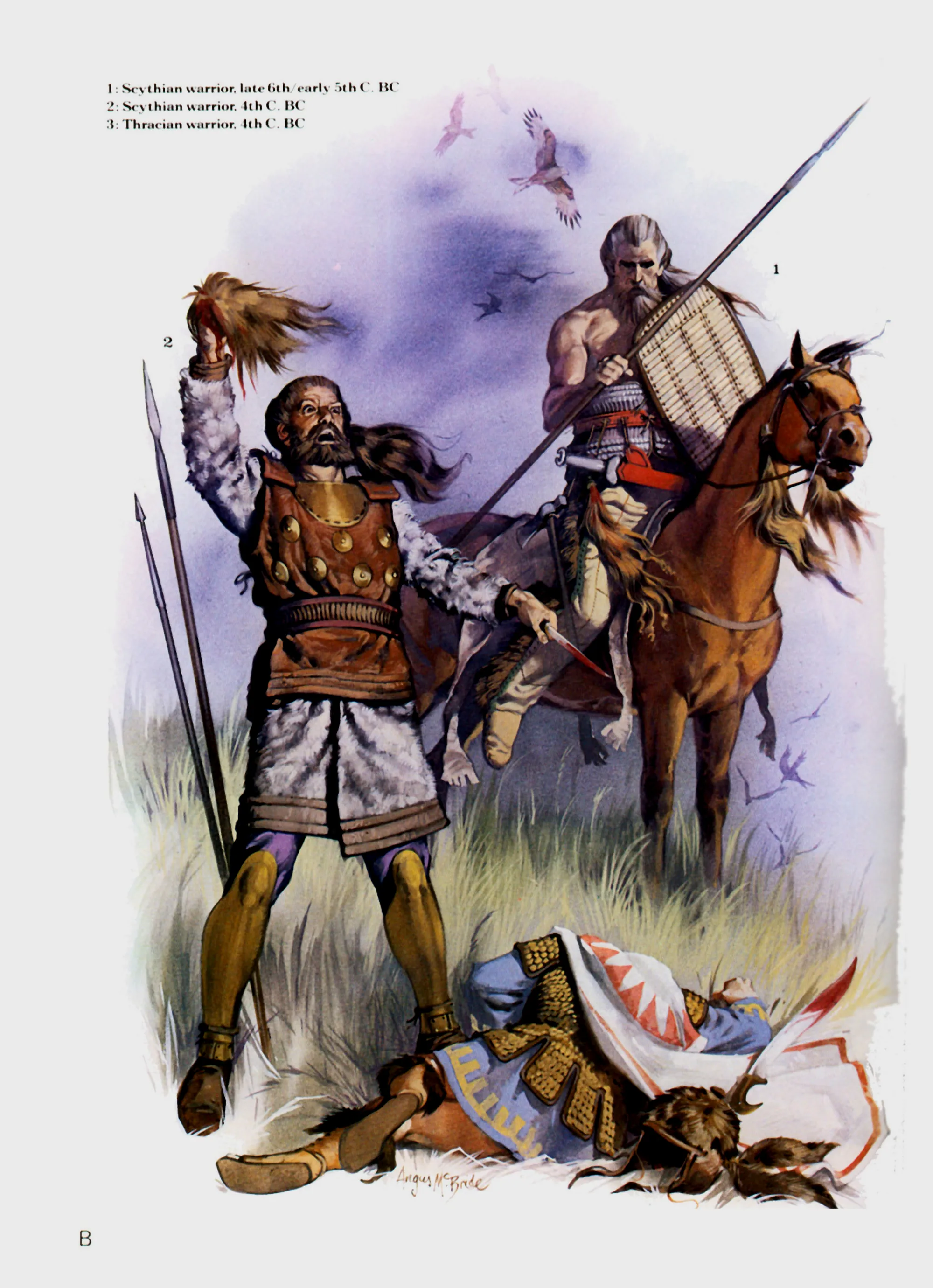 从色雷斯人尸体上剥下头皮的斯基泰武士，旁边的骑手已经在缰绳上挂了好几条头皮