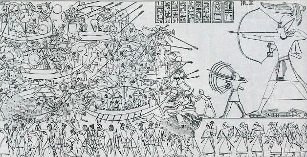 梅迪内哈布东北城墙上记录拉美西斯三世同“海上民族”作战的浮雕