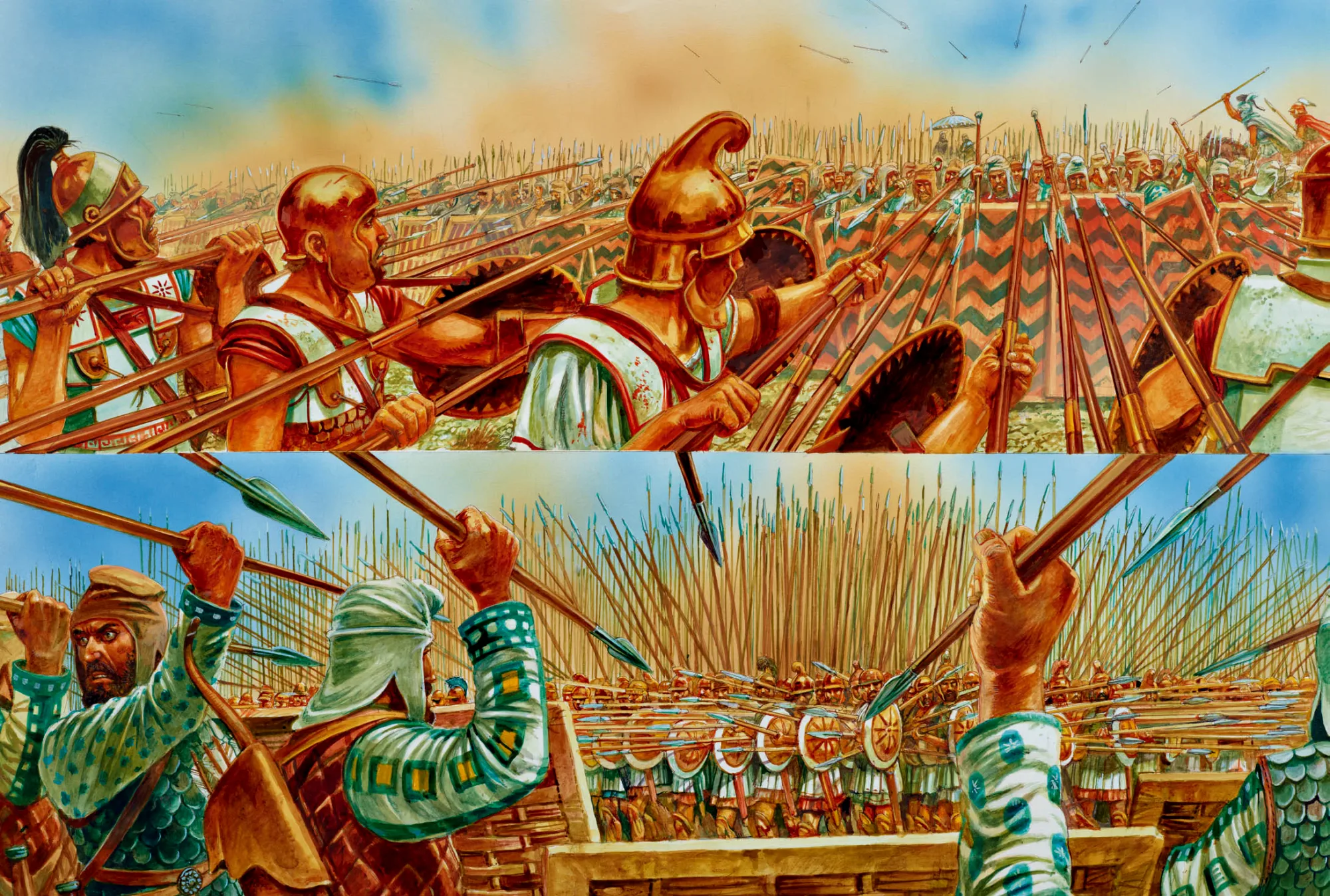 绘画，高加米拉之战的步兵对决，可以看出马其顿长枪比波斯的矛长很多