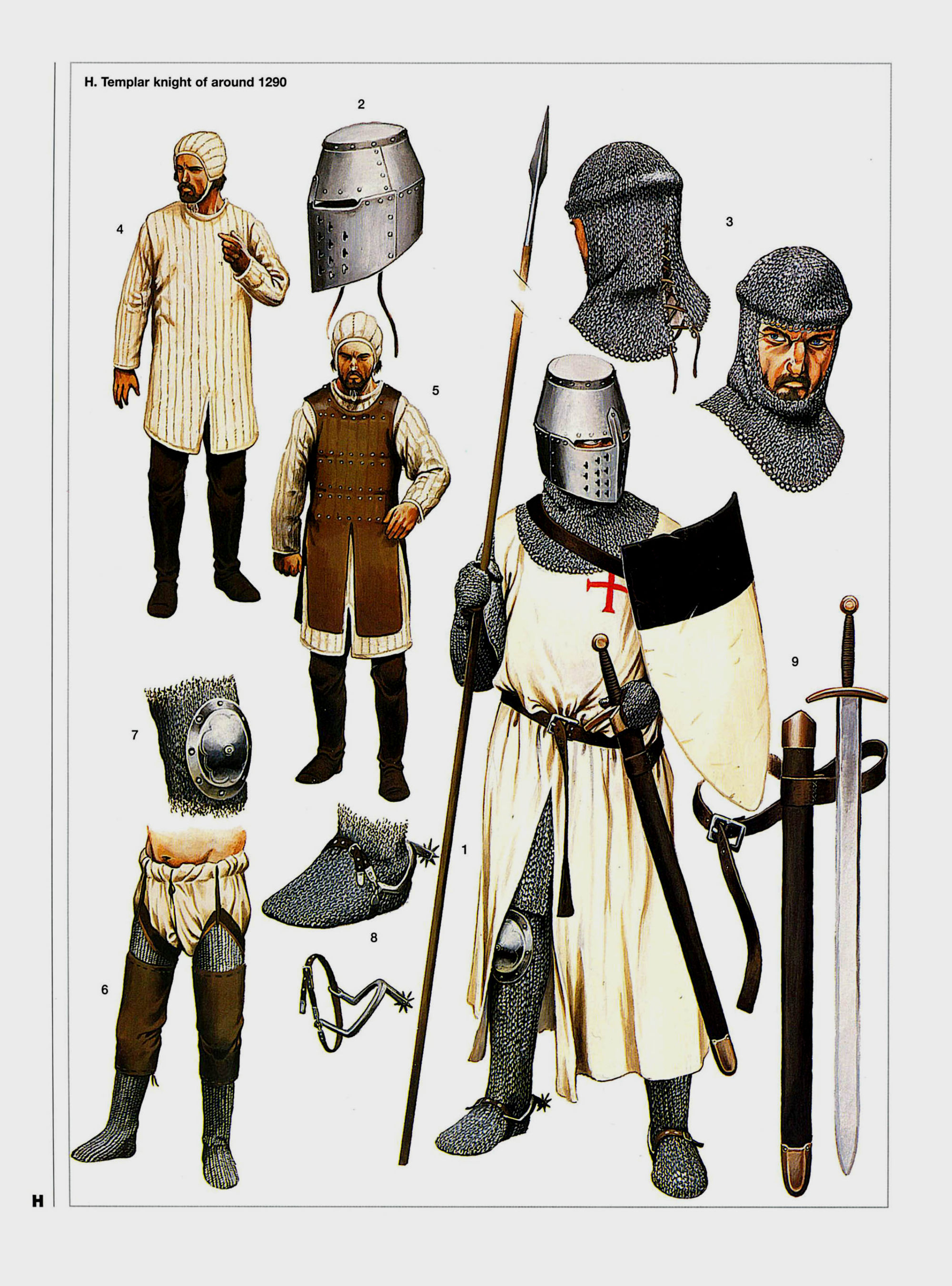 1290年的圣殿骑士，他已经采用了桶盔，这种头盔正是在海外发明的