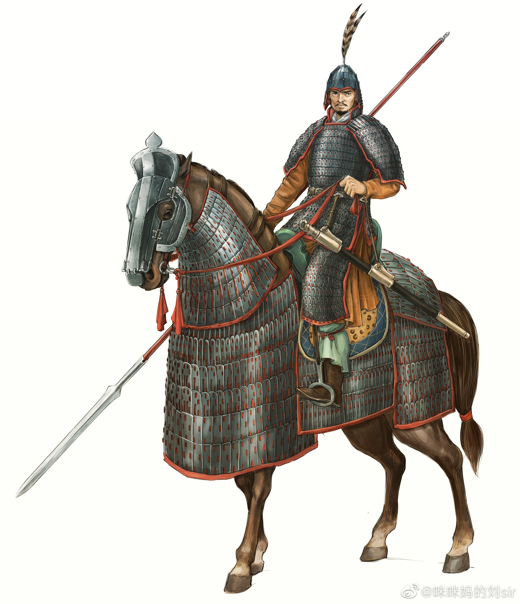 装备完整两当胸甲、裙甲和披搏的北朝重骑兵（图源：咪咪妈的刘Sir）