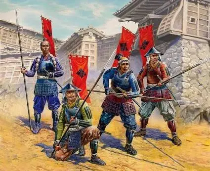 一队手持长枪的足轻，长枪在战国时代使用非常普及
