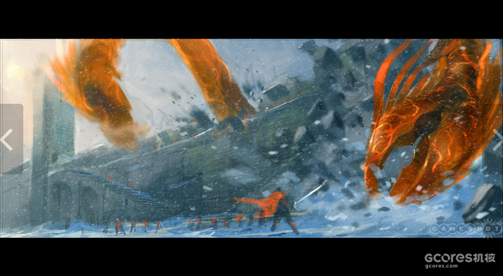 一张彩色的boss战设定图。巨型的蜈蚣型怪物在要塞的城墙上肆虐。