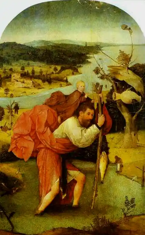 西塞丽夫人选择作为医院名字的“圣克里斯托弗”，是基督教中旅行者的守护神，传说耶稣化身成了一个孩童，由其背负过河，图为St. Christopher Carrying the Christ Child, by Hieronymus Bosch (c. 1485)