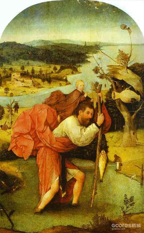 西塞丽夫人选择作为医院名字的“圣克里斯托弗”，是基督教中旅行者的守护神，传说耶稣化身成了一个孩童，由其背负过河，图为St. Christopher Carrying the Christ Child, by Hieronymus Bosch (c. 1485)