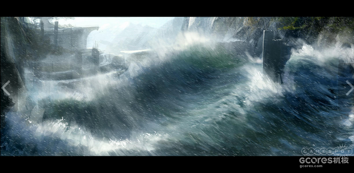 图片描绘了游戏中海平面升高，巨浪侵袭要塞的时刻。海水淹没了外庭，并冲击着内墙。