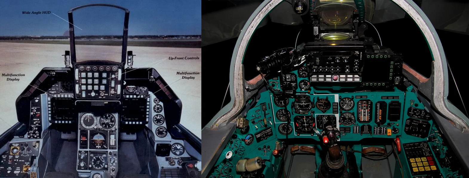 左F-16C Blk 25，右米格-29S，已经差了不止五年的差距了，但是即使对航电一无所知的人也会觉得左边更高级