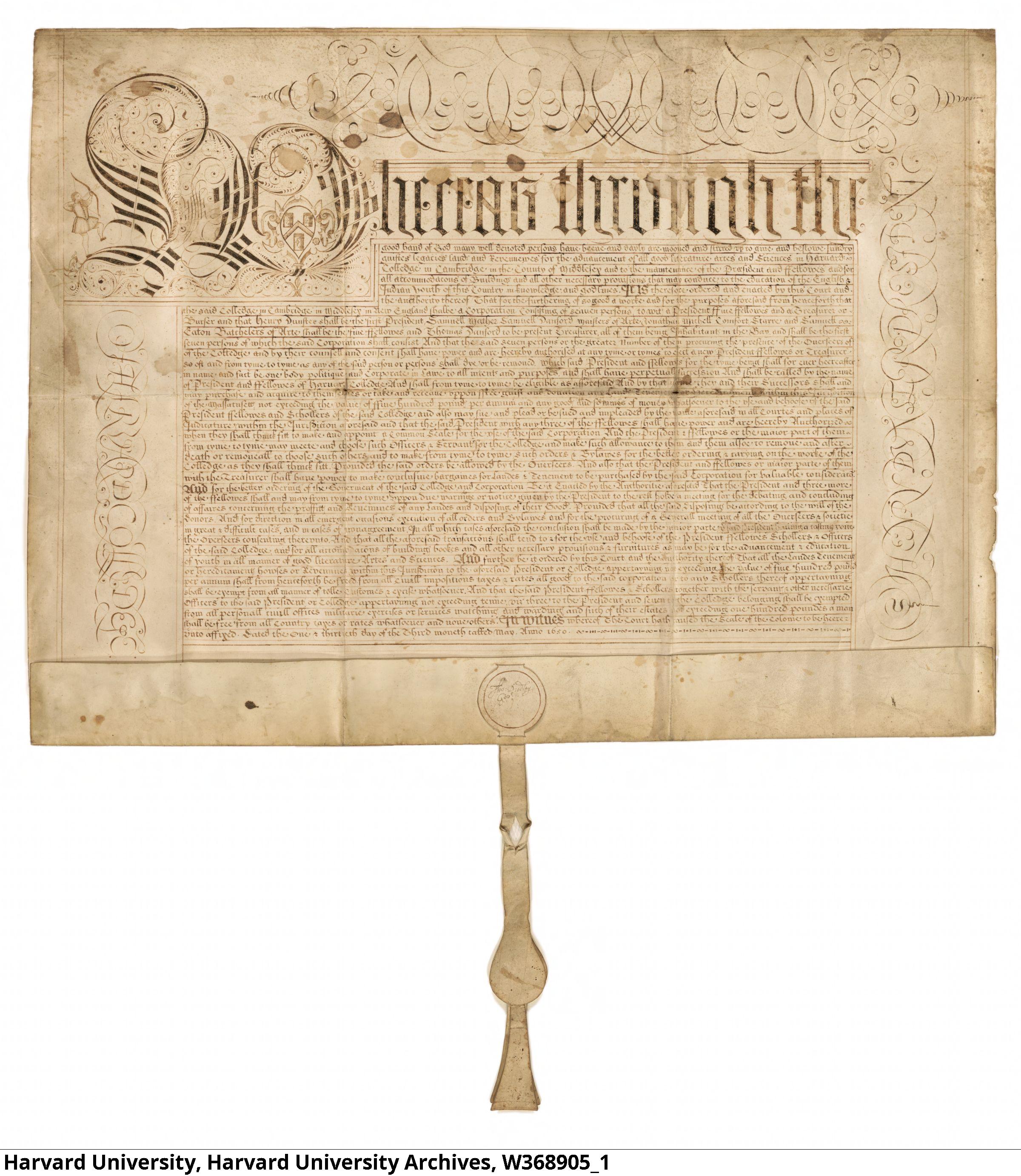 哈佛大學於1650年正式獲得的委任狀