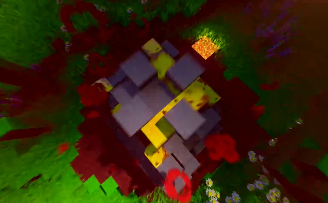 CG 动画中，这个柱体压下去后，周围的草地就变成下界的红色地貌了